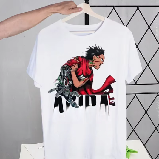 White t-shirt with a graphic design of a character in red and black on a hanger.