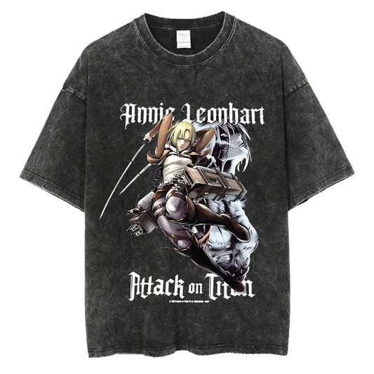 Black washed anime streetwear t-shirt featuring Attack on Titan Annie Leonhart graphic with titan form in bold Japanese urban fashion style.