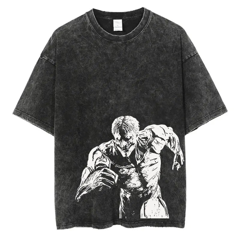 Black oversized anime streetwear t-shirt with white Attack on Titan graphic design, Japanese urban fashion style.