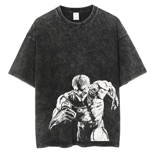 Black oversized anime streetwear t-shirt with white Attack on Titan graphic design, Japanese urban fashion style.