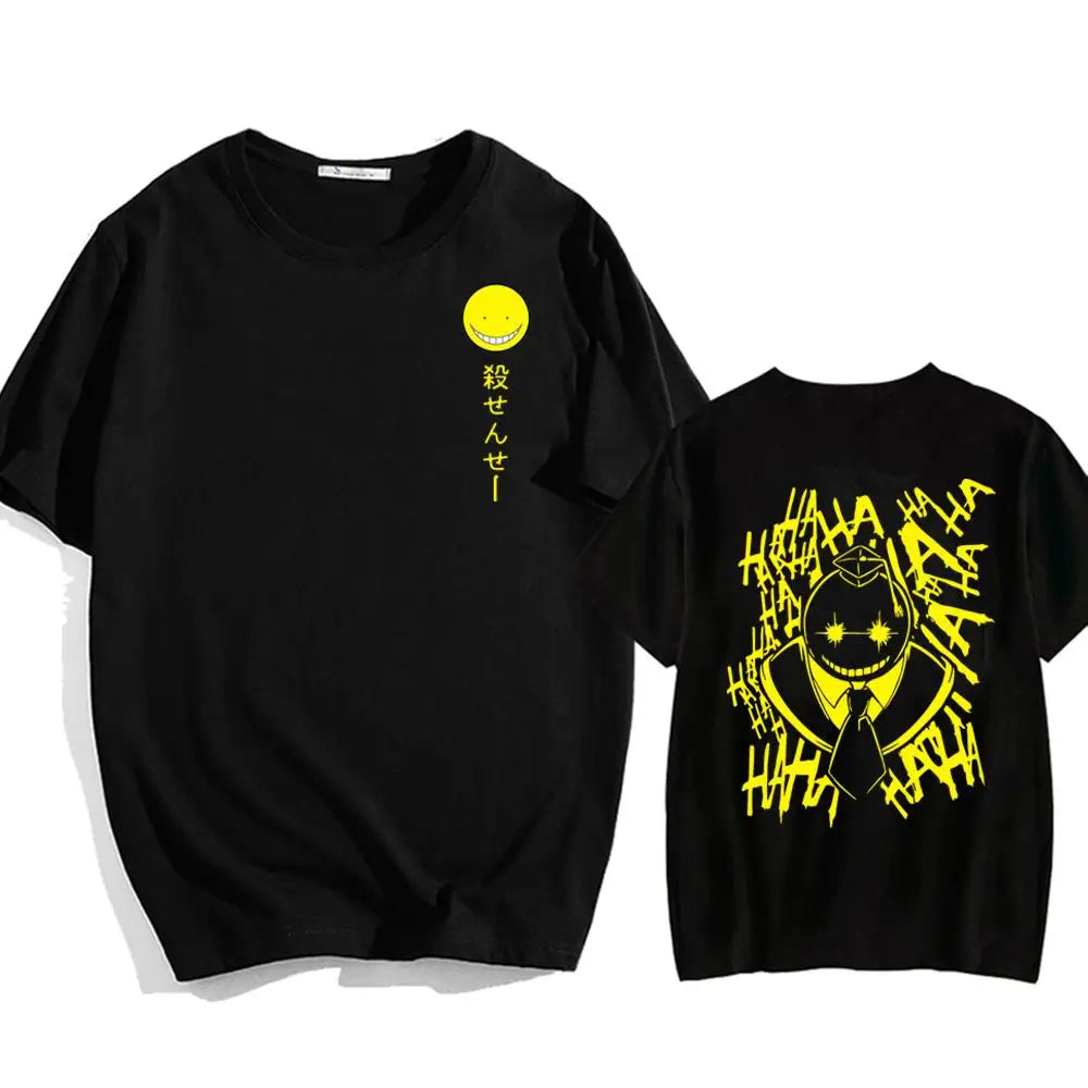 Black t-shirt with assassination classroom anime graphic design on a white background.