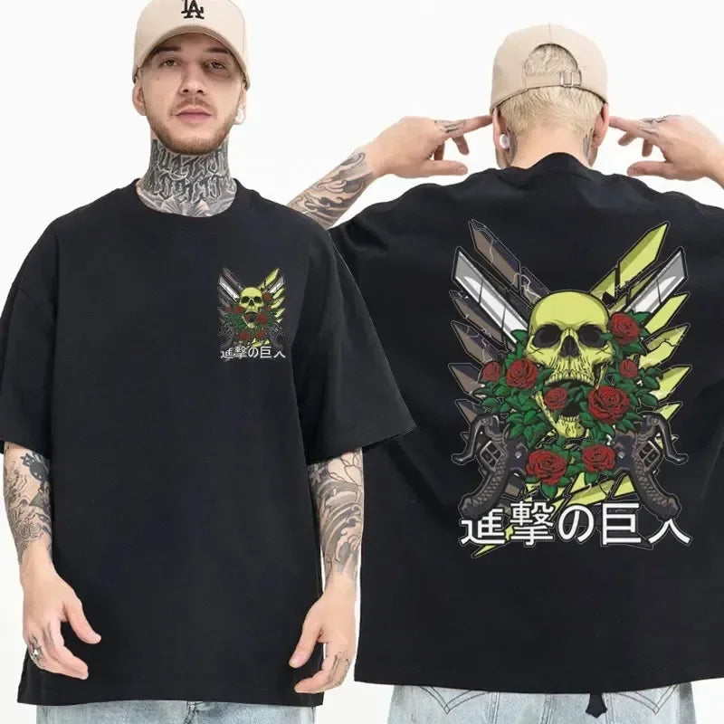Black oversized Attack on Titan anime streetwear t-shirt with skull, roses, and Survey Corps Wings of Freedom emblem design on front and large detailed graphic on the back, Japanese urban fashion style.