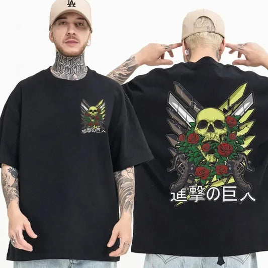 Black oversized Attack on Titan anime streetwear t-shirt with skull, roses, and Survey Corps Wings of Freedom emblem design on front and large detailed graphic on the back, Japanese urban fashion style.