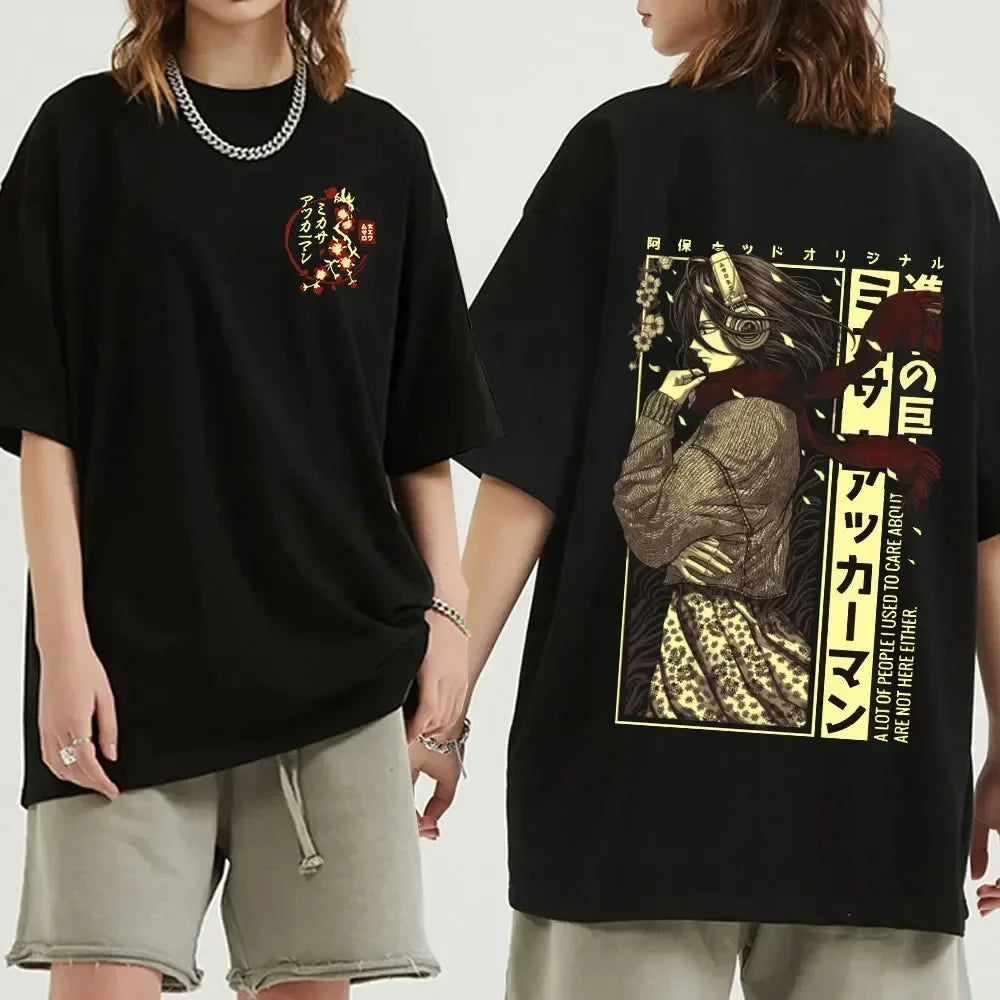 Black oversized Attack on Titan anime streetwear t-shirt featuring AoT graphic with Japanese text on the front and stylish manga-inspired Levi illustration with bold typography on the back, Japanese urban fashion style.