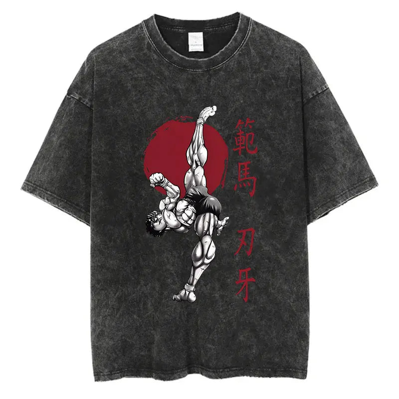 Black t-shirt with a graphic design of a muscular figure baki hanma and red circular background on a white background