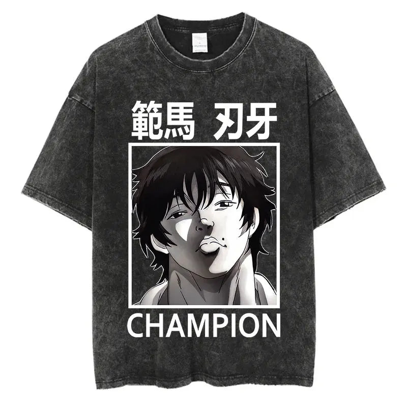 Black t-shirt with anime character baki hanma and text on a white background