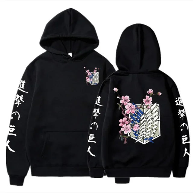Black anime streetwear hoodie with Attack on Titan Survey Corps emblem, cherry blossom design, and Japanese kanji text on sleeves.
