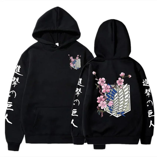 Black anime streetwear hoodie with Attack on Titan Survey Corps emblem, cherry blossom design, and Japanese kanji text on sleeves.