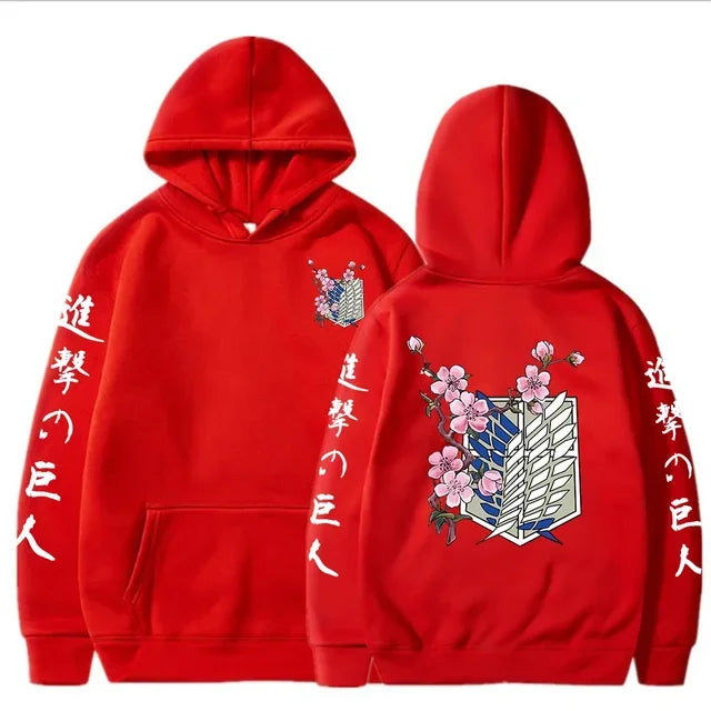 Red anime streetwear hoodie with Attack on Titan Survey Corps emblem, cherry blossom design, and Japanese kanji text on sleeves.