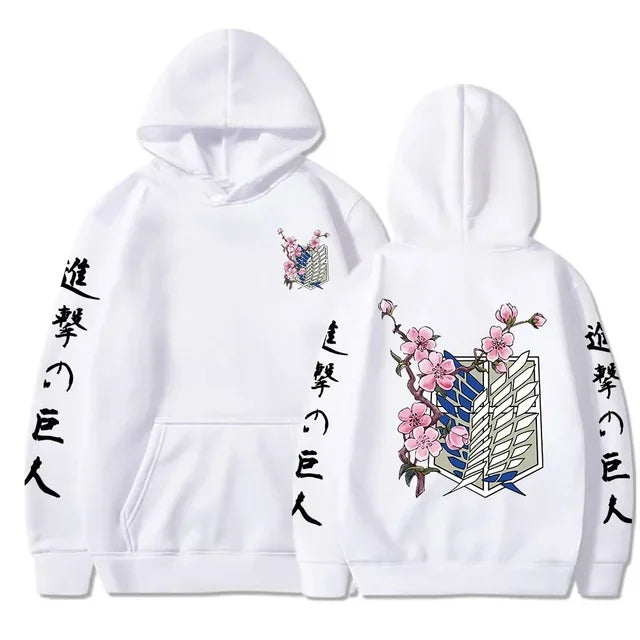 White anime streetwear hoodie with Attack on Titan Survey Corps emblem, cherry blossom design, and Japanese kanji text on sleeves.