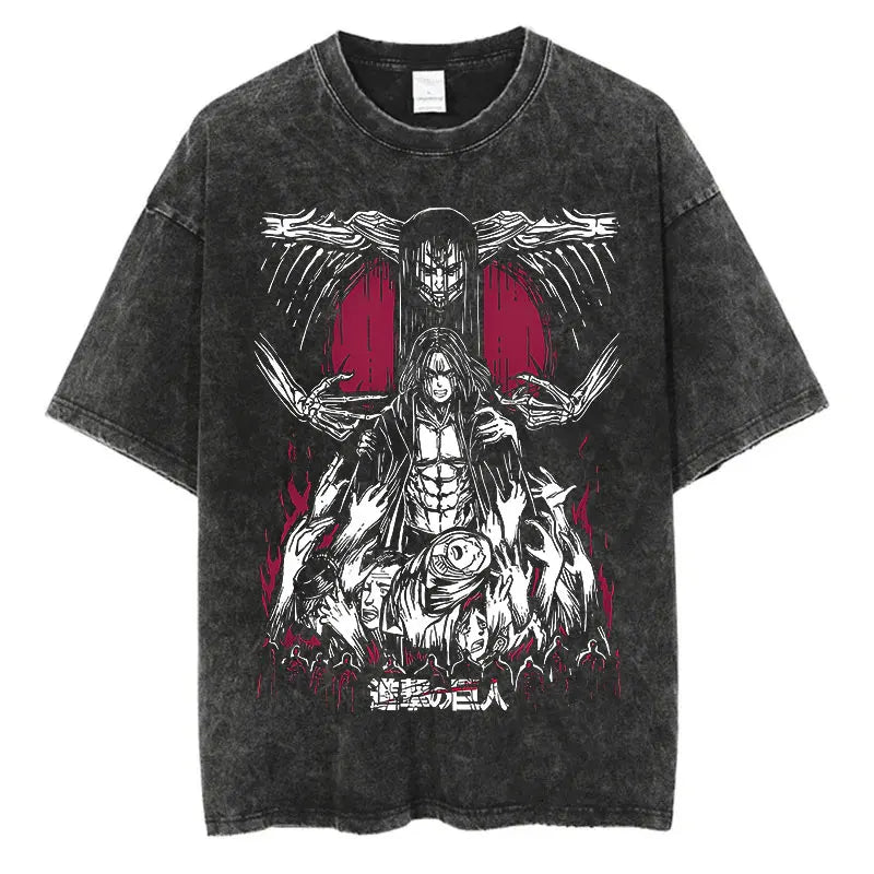 Black t-shirt with a graphic design featuring an attack on titan figure, eren jaeger, and titan form, and red accents on a white background.