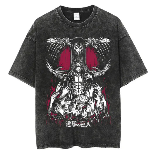 Black t-shirt with a graphic design featuring an attack on titan figure, eren jaeger, and titan form, and red accents on a white background.