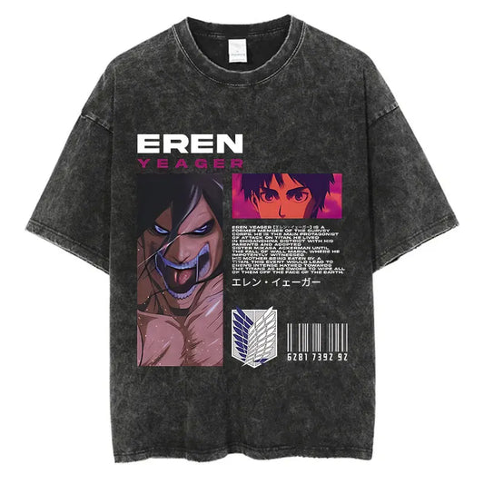 Attack on Titan Eren Yeager black oversized T-shirt featuring anime character art in Titan and human form, Japanese text, Survey Corps logo, and barcode graphic, unisex streetwear.