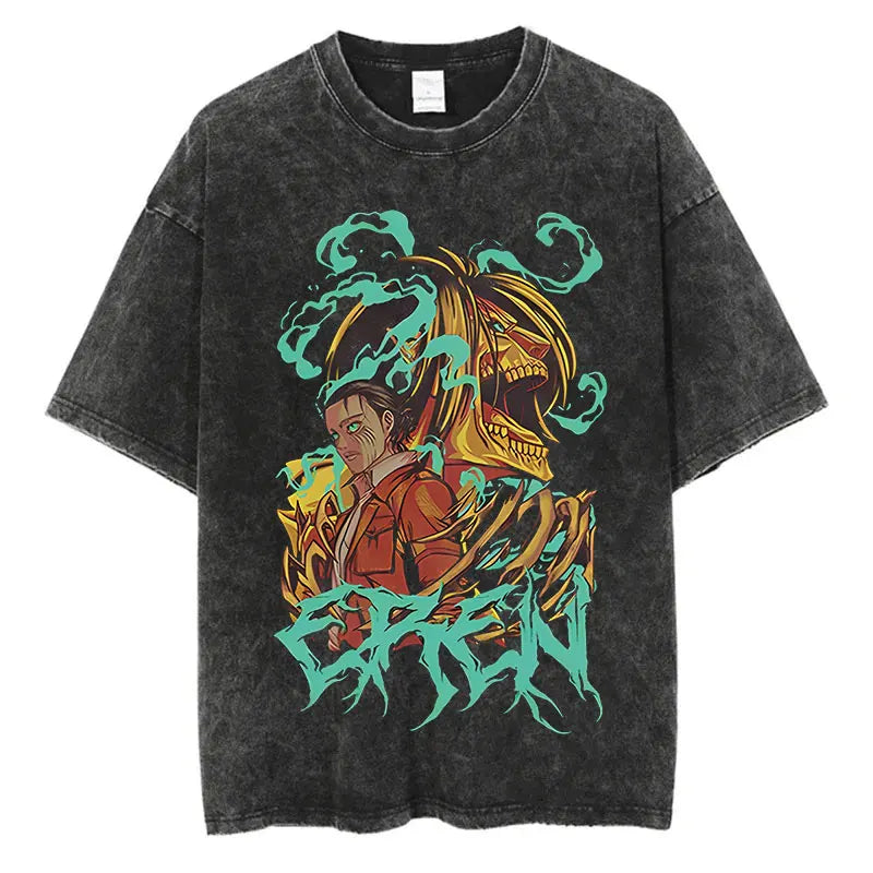 Black washed anime streetwear t-shirt featuring Attack on Titan Eren with titan transformation graphic and bold urban Japanese fashion style.