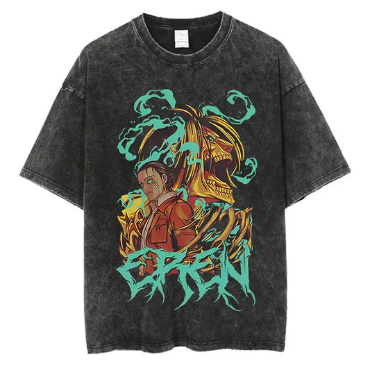 Black washed anime streetwear t-shirt featuring Attack on Titan Eren with titan transformation graphic and bold urban Japanese fashion style.