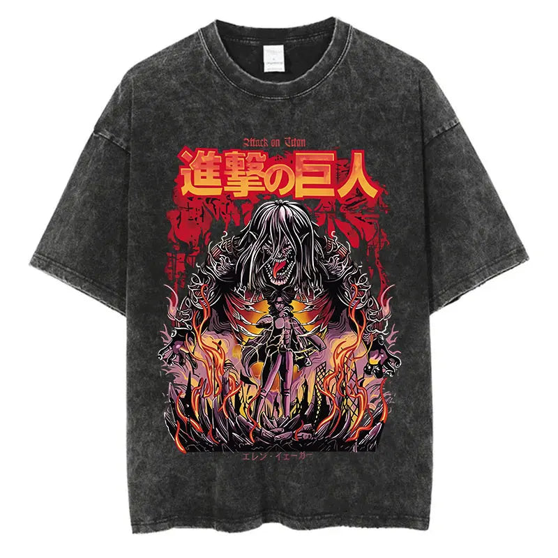Black washed anime streetwear t-shirt featuring Attack on Titan Eren with fiery titan graphic and bold Japanese text in urban fashion style.