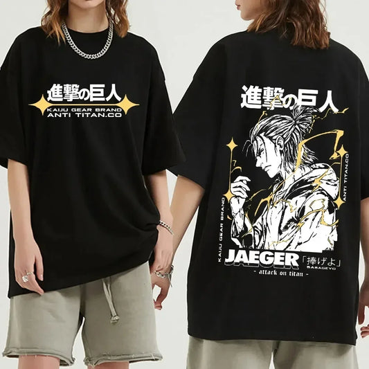 Black oversized Attack on Titan anime streetwear t-shirt with Japanese logo and Anti-Titan branding on the front, and bold Eren Yeager graphic with lightning design and typography on the back, Japanese urban fashion style.