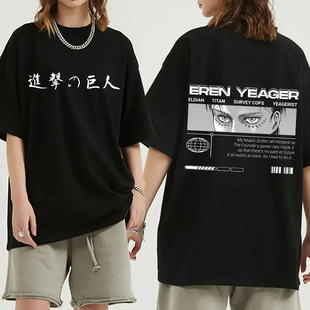 Black oversized Attack on Titan anime streetwear t-shirt with Japanese text on the front and Eren Yeager manga-style graphic with bold typography and futuristic design on the back, Japanese urban fashion style.