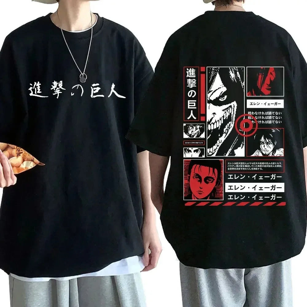 Black oversized Attack on Titan anime streetwear t-shirt with Japanese text on the front and bold manga-style Eren Yeager graphic collage on the back, Japanese urban fashion style.