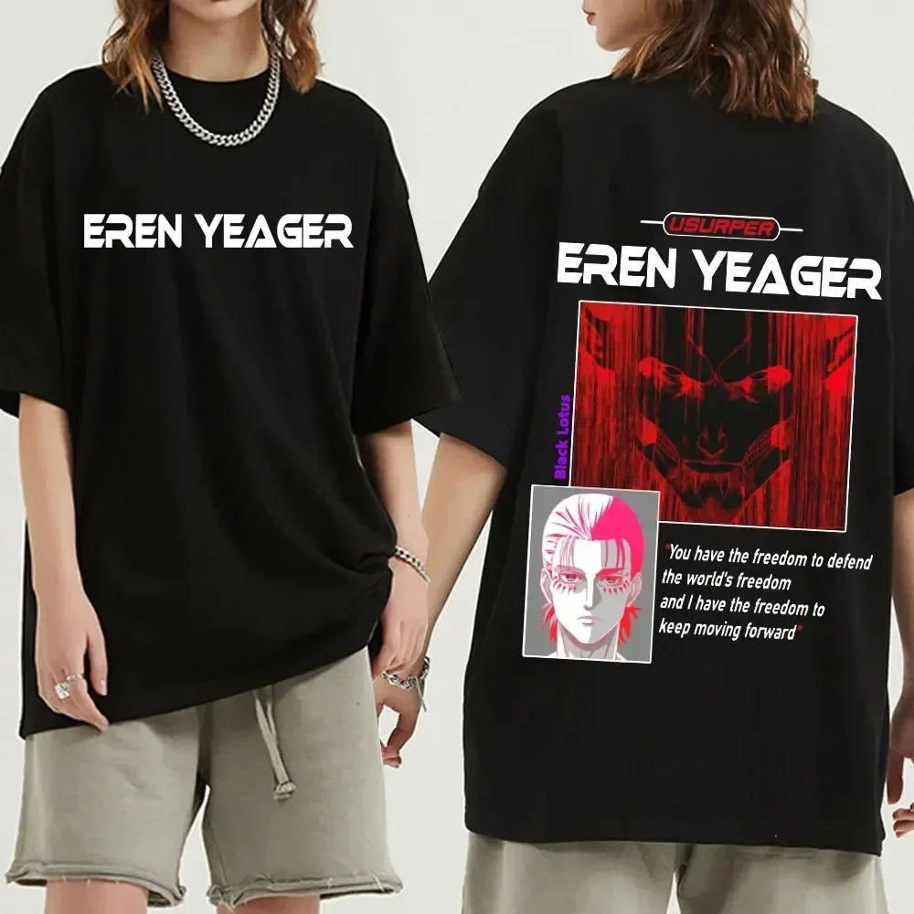 Black oversized Attack on Titan anime streetwear t-shirt with bold "Eren Yeager" text on the front and striking red-toned graphic of Eren with quote and manga-style portrait on the back, Japanese urban fashion style.