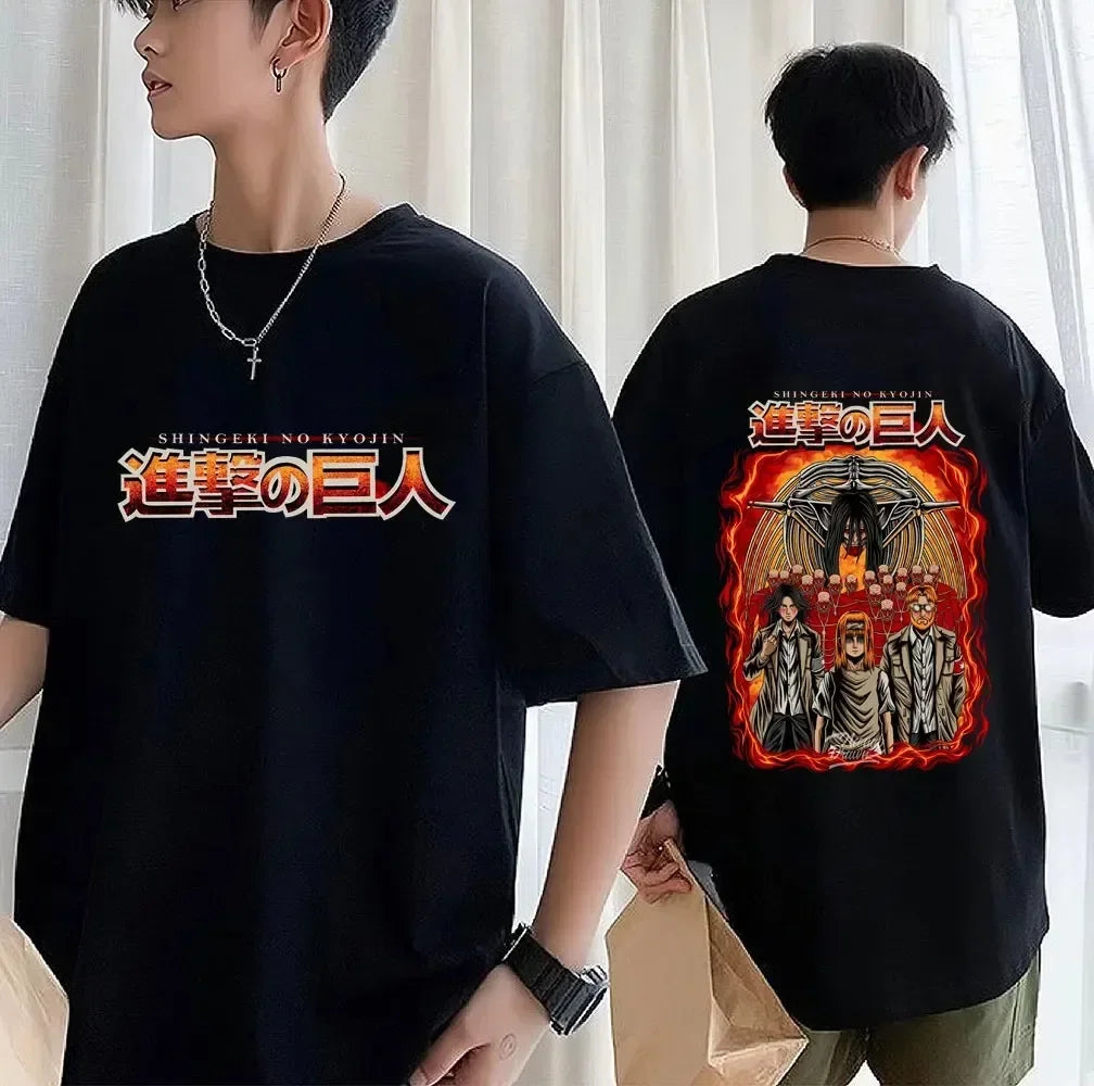 Black oversized Attack on Titan anime streetwear t-shirt with Shingeki no Kyojin logo on the front and fiery character graphic featuring Eren, Zeke, Ymir, and Titans on the back, Japanese urban fashion style.