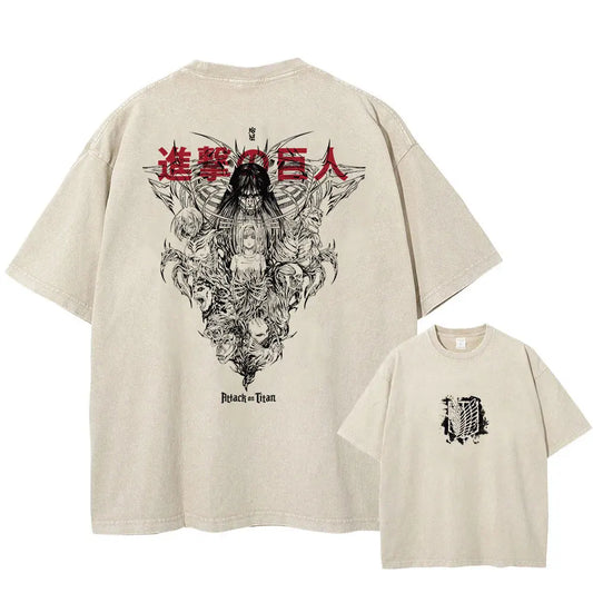 Beige anime streetwear t-shirt featuring Attack on Titan detailed titan and character graphic with Japanese text in urban fashion style.