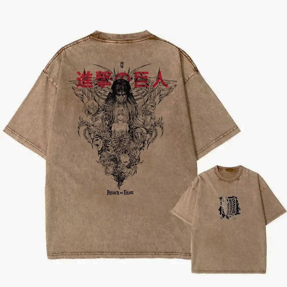 Attack on Titan anime brown oversized T-shirt with detailed back print of characters and red Japanese text, Survey Corps logo on front chest, unisex streetwear.