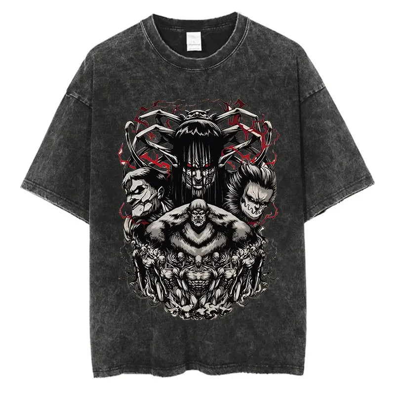 Black washed anime streetwear t-shirt featuring dark Attack on Titan graphic with titans and villain characters in Japanese urban fashion style.