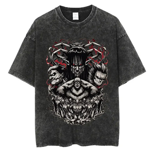 Black washed anime streetwear t-shirt featuring dark Attack on Titan graphic with titans and villain characters in Japanese urban fashion style.