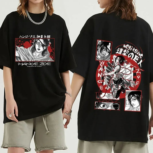 Black oversized Attack on Titan anime streetwear t-shirt featuring Hange Zoë graphic on the front and bold manga-style collage design with red accents on the back, Japanese urban fashion style.