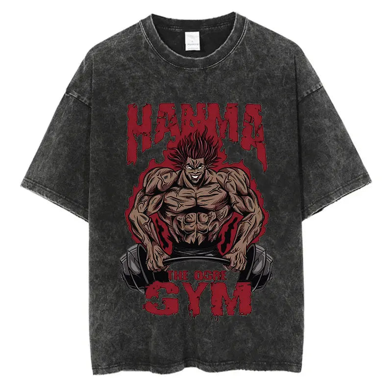 Black t-shirt with a graphic of a muscular figure lifting weights and the text 'Hama Gym' on a white background.
