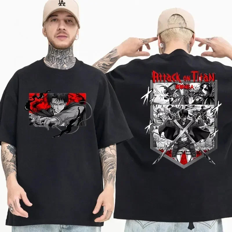 Black oversized Attack on Titan anime streetwear t-shirt featuring Levi Ackerman graphic with red accents on the front and bold manga-style battle illustration with Attack on Titan logo on the back, Japanese urban fashion style.