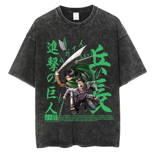 Black washed anime streetwear t-shirt featuring Attack on Titan Levi Ackerman action graphic with green Japanese text in bold urban fashion style.