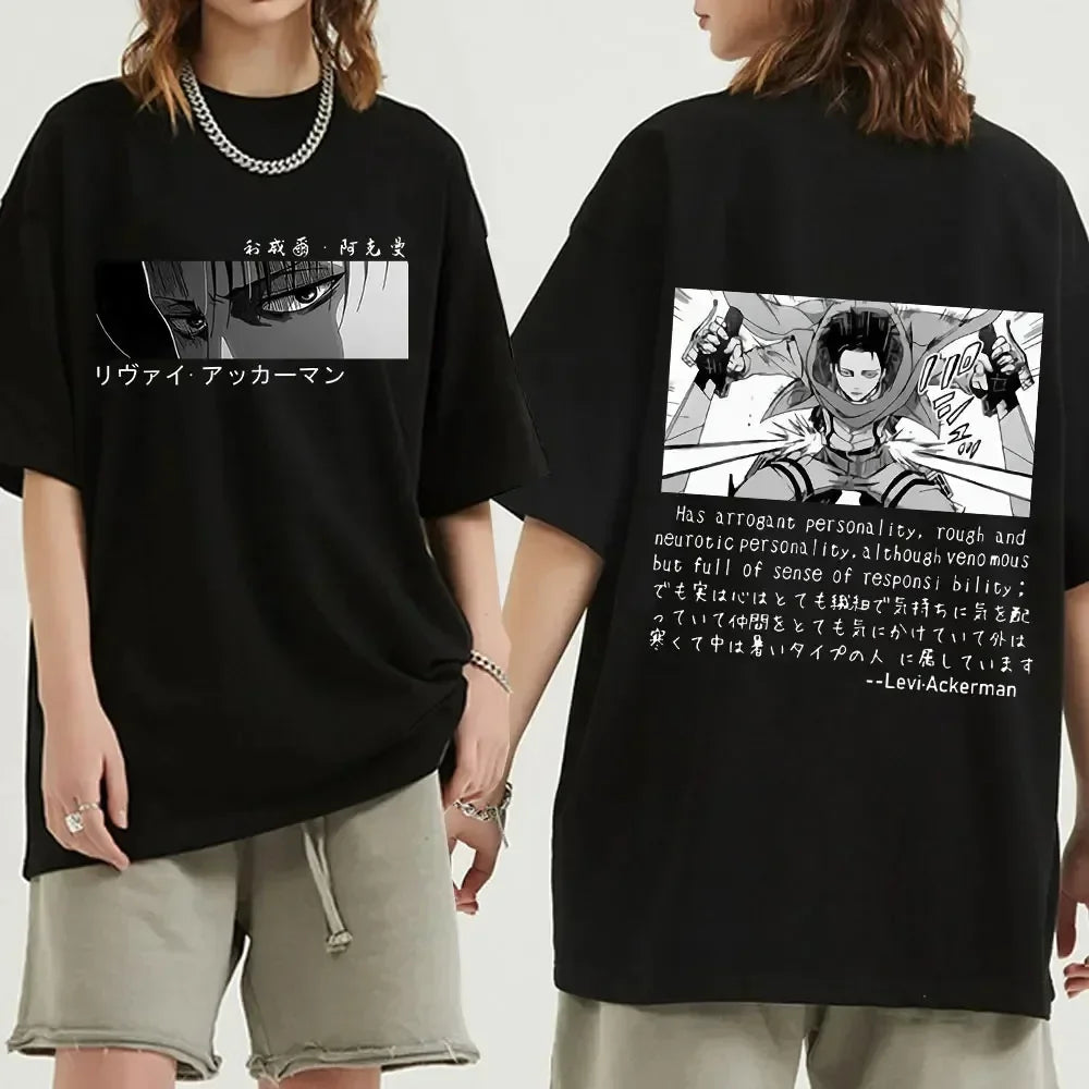 Black oversized Attack on Titan anime streetwear t-shirt with Levi Ackerman eye graphic on the front and manga-style Levi action panel with character quote on the back, Japanese urban fashion style.