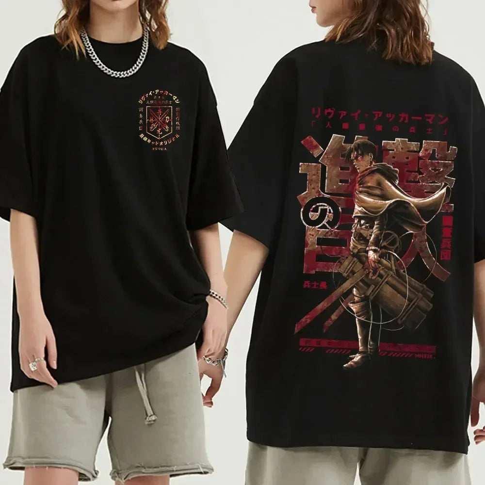 Black oversized Attack on Titan anime streetwear t-shirt featuring Levi Ackerman graphic with Japanese text on the back and Survey Corps emblem on the front, Japanese urban fashion style.
