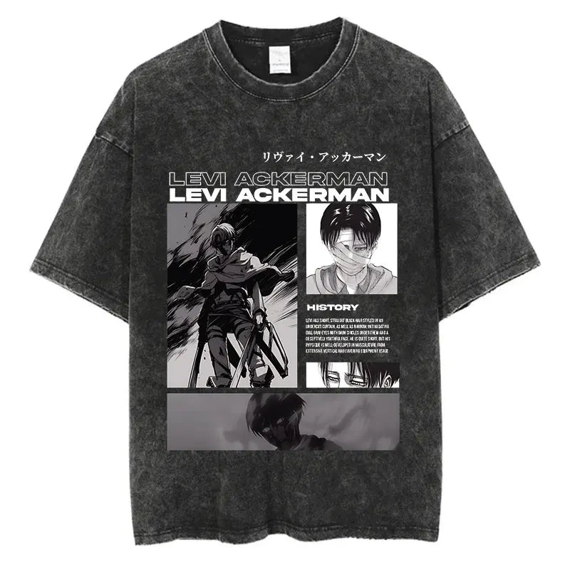 Black t-shirt with graphic design featuring the text 'Levi Ackerman' and images of a character.