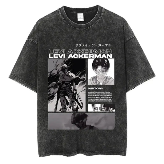 Black t-shirt with graphic design featuring the text 'Levi Ackerman' and images of a character.