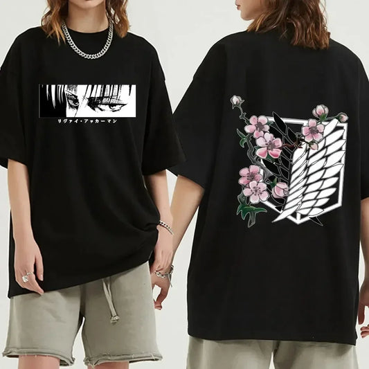Black oversized Attack on Titan anime streetwear t-shirt with Levi Ackerman manga-style eye graphic on the front and Survey Corps Wings of Freedom emblem with cherry blossoms on the back, Japanese urban fashion style.
