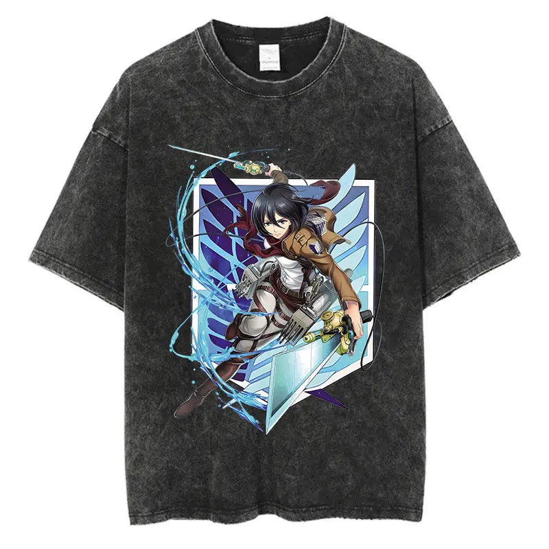 Black washed anime streetwear t-shirt featuring Attack on Titan Mikasa graphic in bold Japanese urban fashion style.