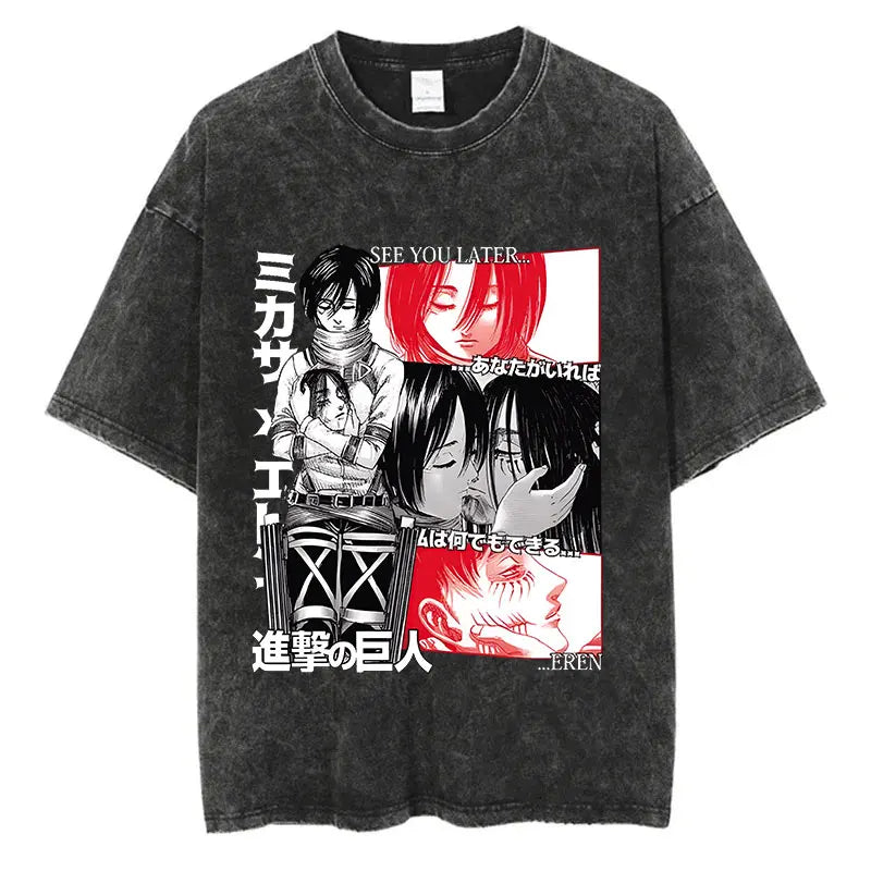 Black washed anime streetwear t-shirt featuring Attack on Titan Mikasa and Eren manga panel graphic with Japanese text in bold urban fashion style.
