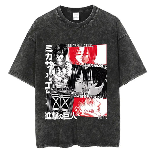 Black washed anime streetwear t-shirt featuring Attack on Titan Mikasa and Eren manga panel graphic with Japanese text in bold urban fashion style.