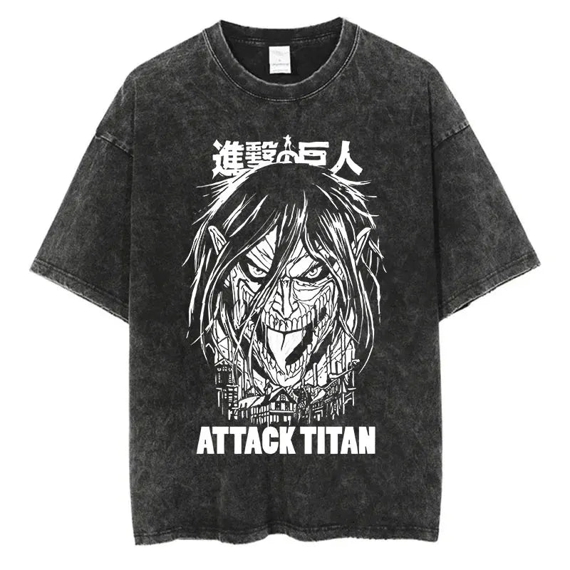 Black washed anime streetwear t-shirt featuring Attack on Titan Eren Titan face graphic with Japanese text in bold urban fashion style.