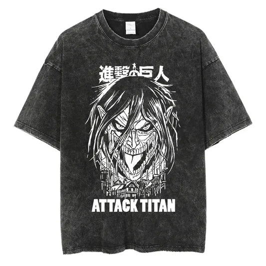 Black washed anime streetwear t-shirt featuring Attack on Titan Eren Titan face graphic with Japanese text in bold urban fashion style.