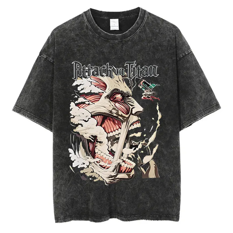Black washed anime streetwear t-shirt featuring Attack on Titan Colossal Titan graphic with bold Japanese urban fashion design.