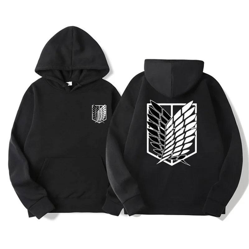 Anime streetwear black hoodie with Attack on Titan Survey Corps wings emblem, Japanese urban fashion pullover.