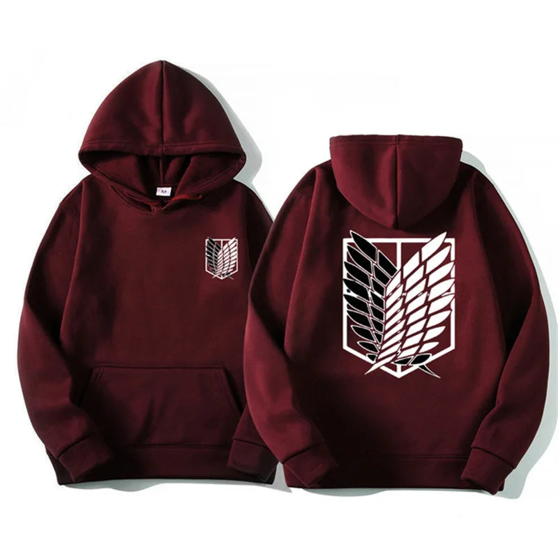 Anime streetwear burgundy hoodie with Attack on Titan Survey Corps wings emblem, Japanese urban fashion pullover.