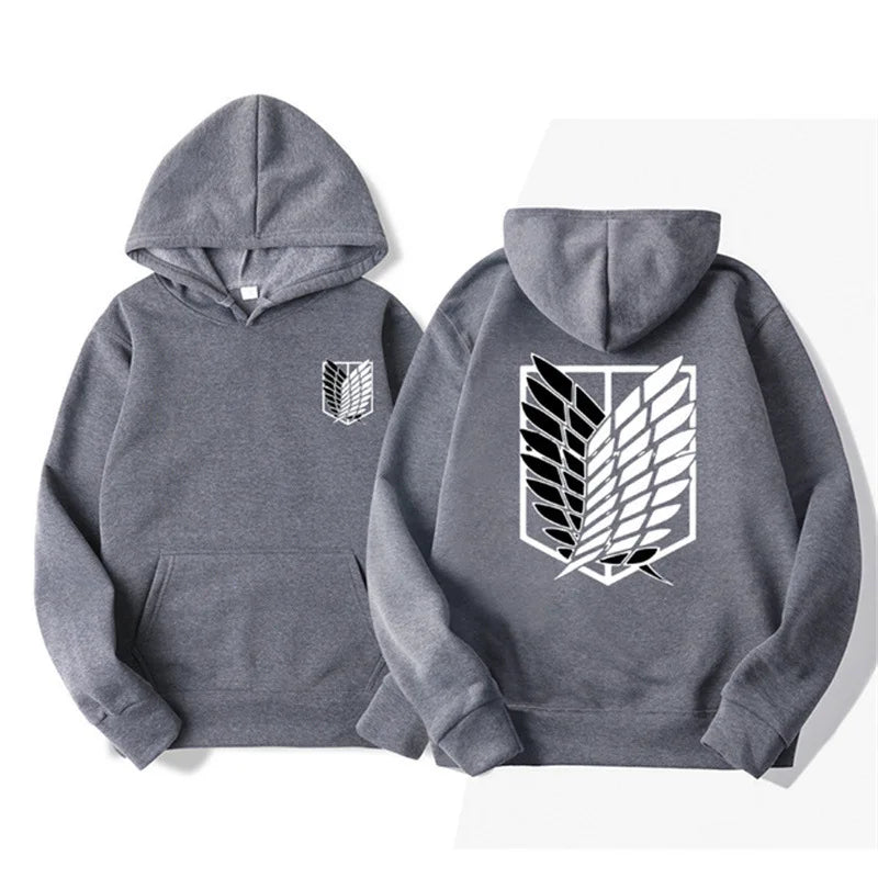 Anime streetwear dark gray hoodie with Attack on Titan Survey Corps wings emblem, Japanese urban fashion pullover.