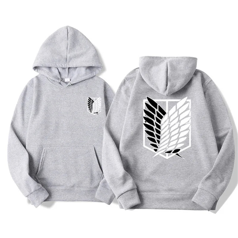 Anime streetwear gray hoodie with Attack on Titan Survey Corps wings emblem, Japanese urban fashion pullover.