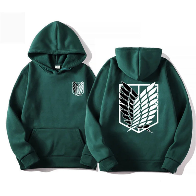 Anime streetwear green hoodie with Attack on Titan Survey Corps wings emblem, Japanese urban fashion pullover.