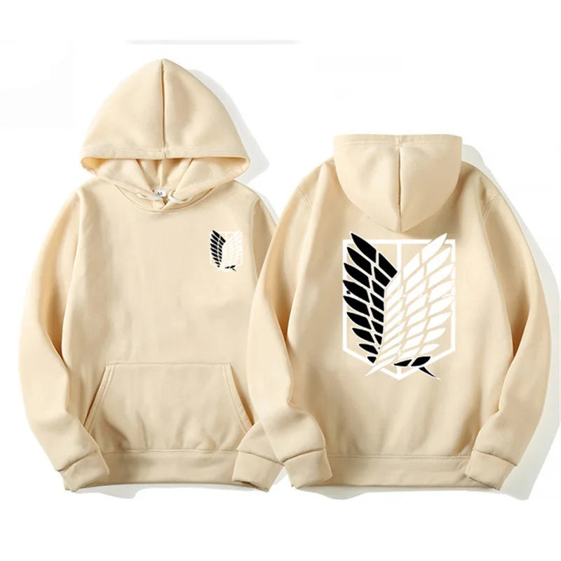 Anime streetwear khaki hoodie with Attack on Titan Survey Corps wings emblem, Japanese urban fashion pullover.